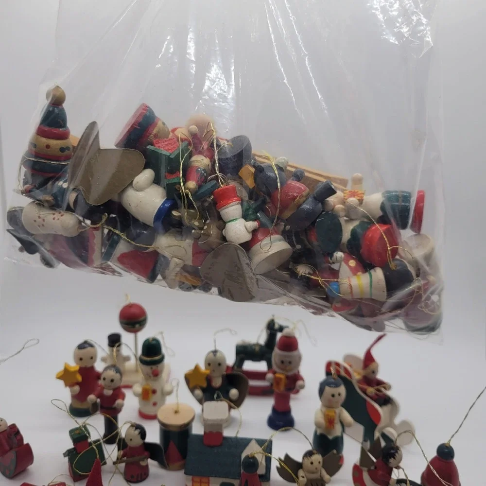 Vintage Not so Mystery Lot of 25 Wooden Christmas Ornaments Folk Art